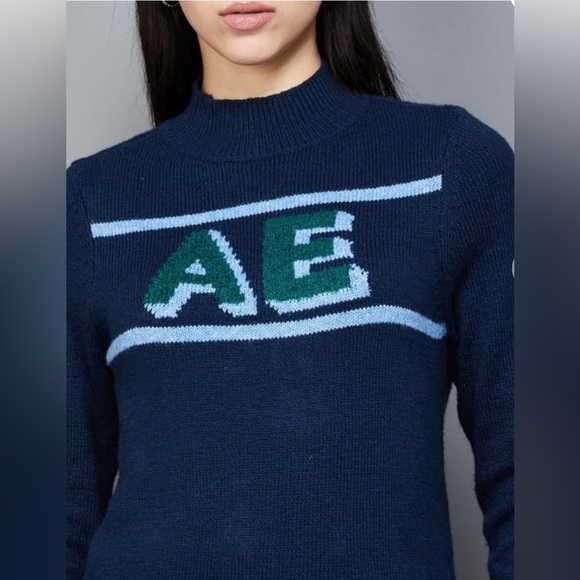 American Eagle Woven Holiday High Neck Knitted Navy Blue Sweater Size S NEW - Picture 4 of 8